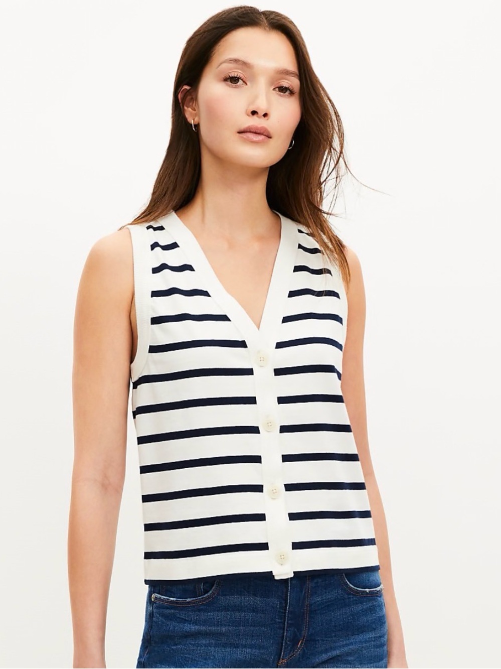 LOFT White & Navy Striped V-Neck Button Tank